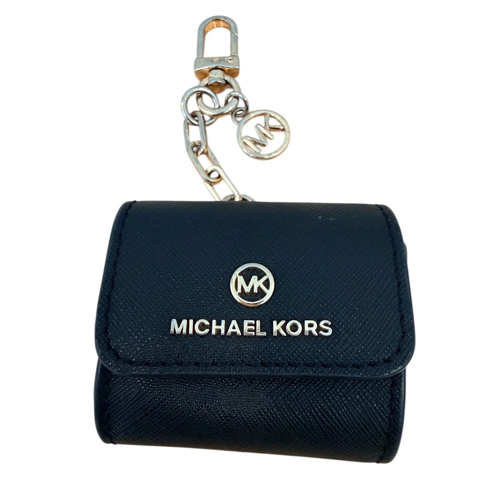 Michael Kors Black Saffiano Leather AirPods Case Gold Tone Keychain Charm Logo